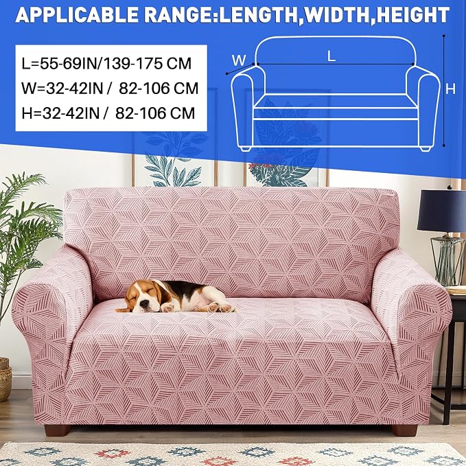 YEMYHOM 1 Piece Stretch Couch Covers for 2 Cushion Couch, Jacquard Loveseat Cover with Non-Slip Elastic Bottom, Thickened Slipcover Furniture Protector for Dogs Pets (Medium, Pink） - Image 2