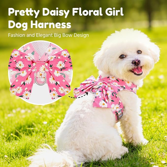 BAEJMJK Dog Harness and Leash Set with Bow Knot No Pull Pet Daisy Floral Harness with D-Ring Soft Mesh Dog Harness Vest Set Escape Proof Princess Puppy Harness for Small Girl Dogs Cats（Pink L） - Image 2