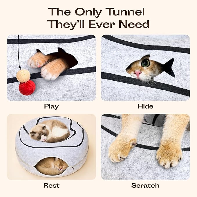 Peekaboo Cat Cave Donut - Cat Tunnel Bed for Indoor Cats – Cute Patterns Hideaway for Multiple & Large Cats, Scratch-Resistant (Light Gray) - Image 3