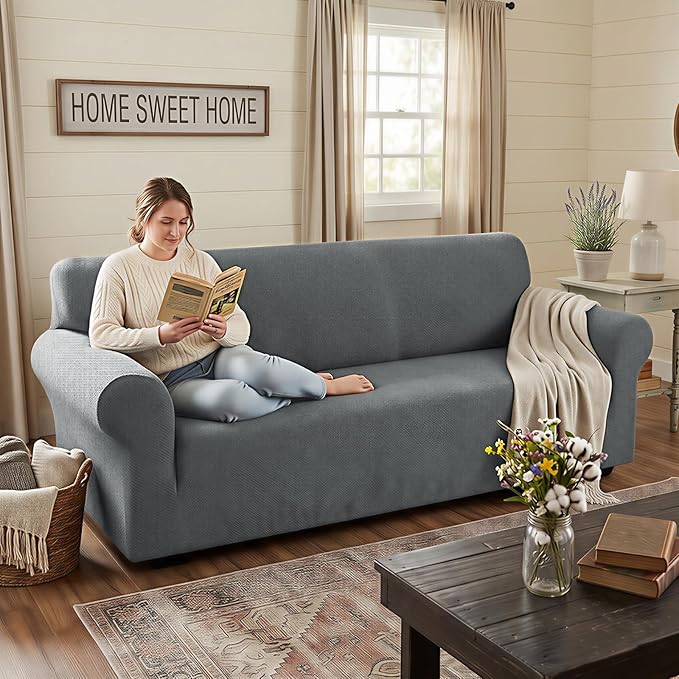 XINEAGE Stretch Jacquard XL Sofa Cover, Non Slip Sofa Slipcover for Dog | High-Stretch Fabric. Wear-Resistant, Pet Friendly. Easy Install & Washable for Living Rooms, Offices.Light Gray - Image 3