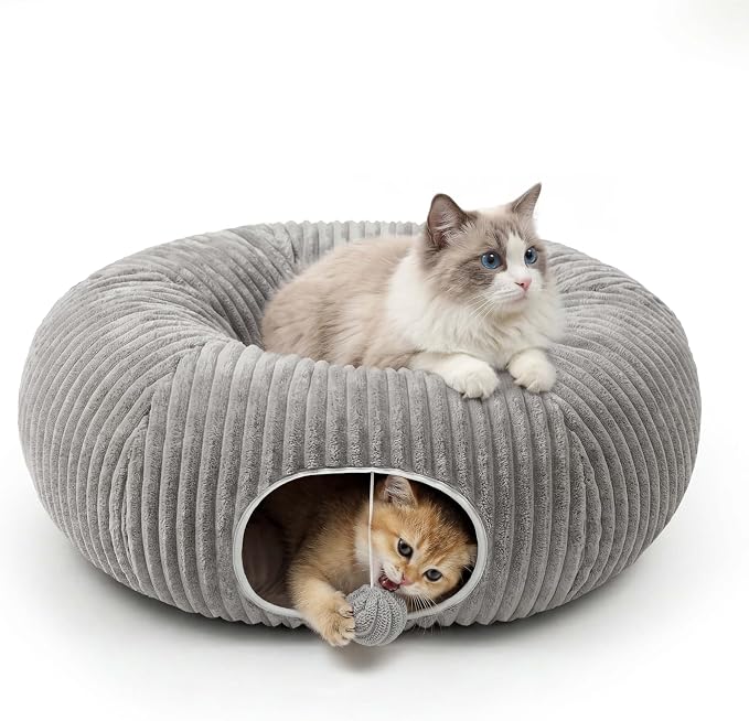 Cat Tunnel Bed for Indoor Cats, Peekaboo Cat Cave Bed,Soft Cat Donut Tunnel for Kitten Large Cats, Grey by MOYMO