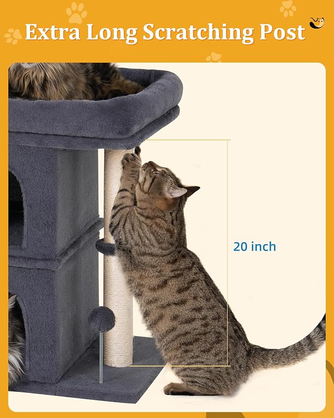 Aechonow Cat Tree for Large Cat,2 Cozy Cat Condo House for Large & Fat Cats | 19x16.5" Large Cat Perch, Cat Tower for Indoor Cats with 24" Long Scratching Post, Dark Gray - Image 4