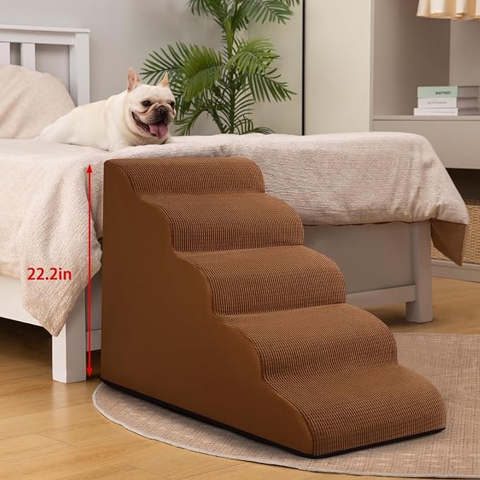 Aodisman Dog Stairs for High Bed,5-Step Pet Ramp for Small Dogs and Cats | 22.2" H Dog Steps for Bed with High-Density Foam, Help Olders,Short-Legged Dogs,Puppy and Cats Get on Beds Easily,Grey,Brown - Image 5