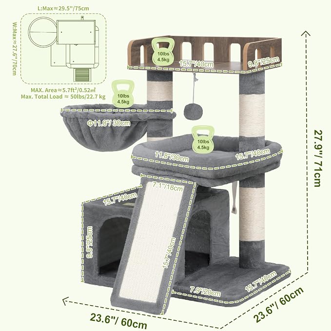 Heybly Cat Tree, Multi-Season Stable Cat Activity Tower, HCT207SW | Wooden Top Platform Cat Tower, Soft Plush Perch, Sisal Scratching Board, Cat Basket & Cozy Kitten Cat Condo, Light Gray - Image 5
