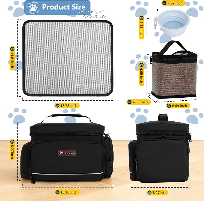 Modoker Large Dog Travel Bag Set with 2 Bowls and Food Bags, 17L Black | Large Pet Travel Organizer with 2 Food Containers, 2 Collapsible Bowls, Feeding Mat, Multiple Pockets and Adjustable Flap - Image 3