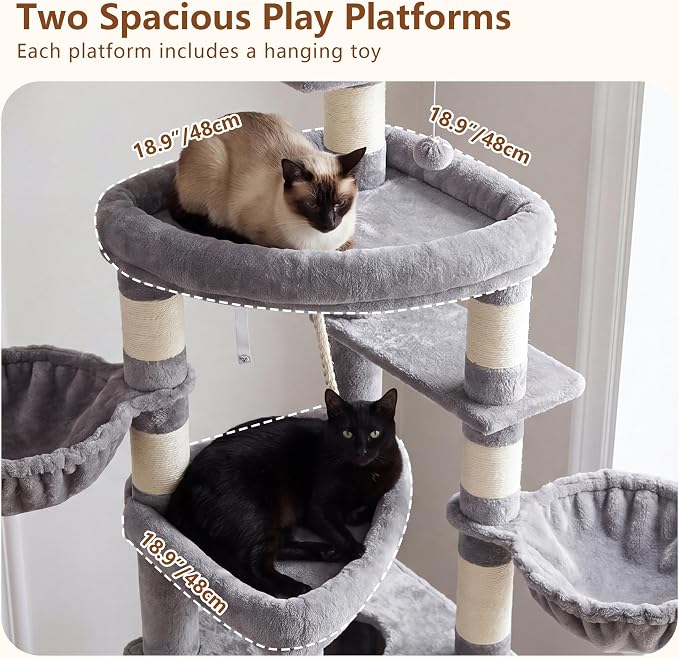 Heybly Cat Tree, 82.7″ Extra Tall Cat Tower for Large Cats Adult HCT063W | Giant Cat Condo with Multi-Level Platforms, 2 Baskets, Spacious Cat Cave, Wide Sisal Scratching Board, Light Gray - Image 3
