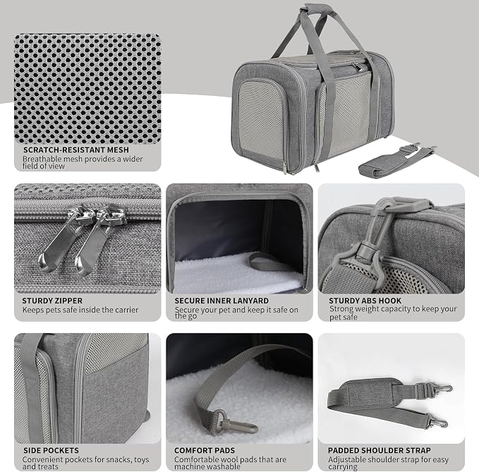 Cat Carrier, Soft-Sided Airline Approved Pet Carrier Case with 4 Ventilated Windows for Cats and Dogs Under 10-25Lbs (17.0 L x 11.0 W x 11.0 H Inch, Grey) - Image 3