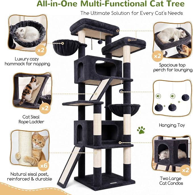 Globlazer 79in Heavy Duty Cat Tree for Large Cats, S79, Beige | Tall Cat Tower with 6 Scratching Posts, Cat tree for Indoor Cats Large Adult with 2 Perches, 2 Baskets, 2 Spacious Caves - Image 2