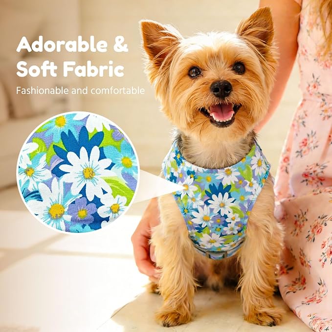 BAEJMJK Dog Harness and Leash Set with Bow Knot No Pull Pet Daisy Floral Harness with D-Ring Soft Mesh Dog Harness Vest Set Escape Proof Princess Puppy Harness for Small Girl Dogs Cats（Blue A S） - Image 3