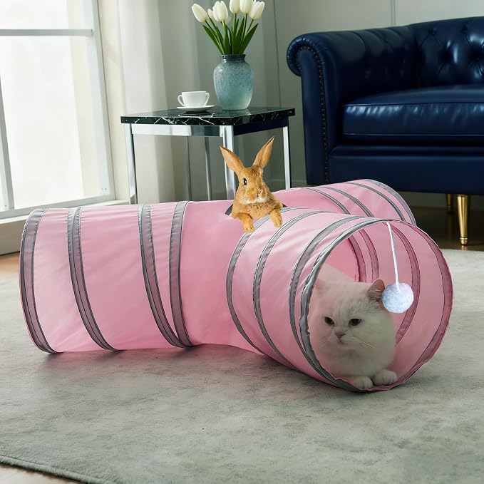 3-Way Collapsible Cat Tunnel Tube Toy Pink — Interactive Play Tunnel with Hanging Ball & Peek Hole for Indoor Cats, Kittens, Puppies & Rabbits | Hours of Fun & Exercise - Image 2