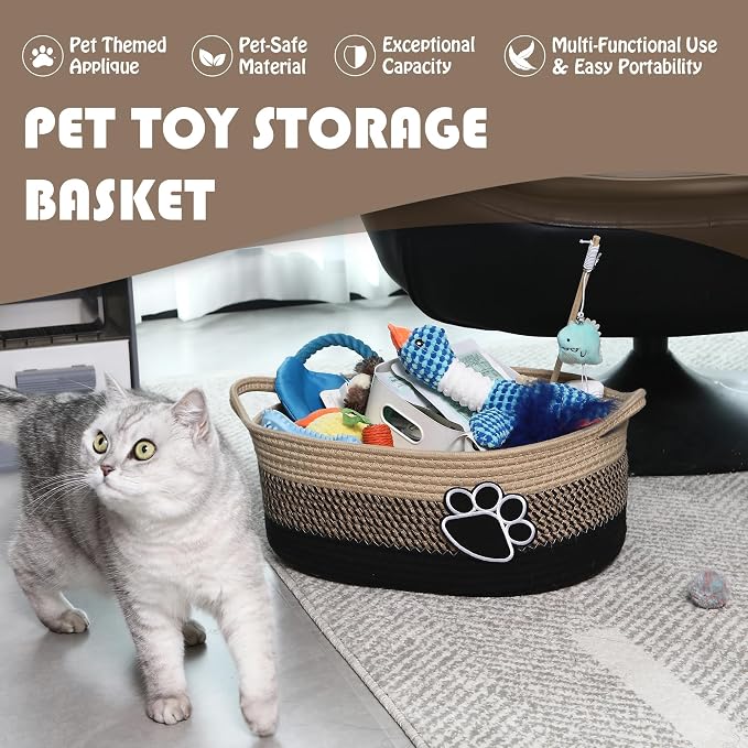 Sea Team Pet Toy Basket with Handles for Cats and Dogs, Flaxen Paw | Large Cotton Rope Storage Bin, Shelf Basket, Organizer for Pet Chew Toys, Foods, 16.5 x 11 x 7 Inches, 4.4 Gallons - Image 2