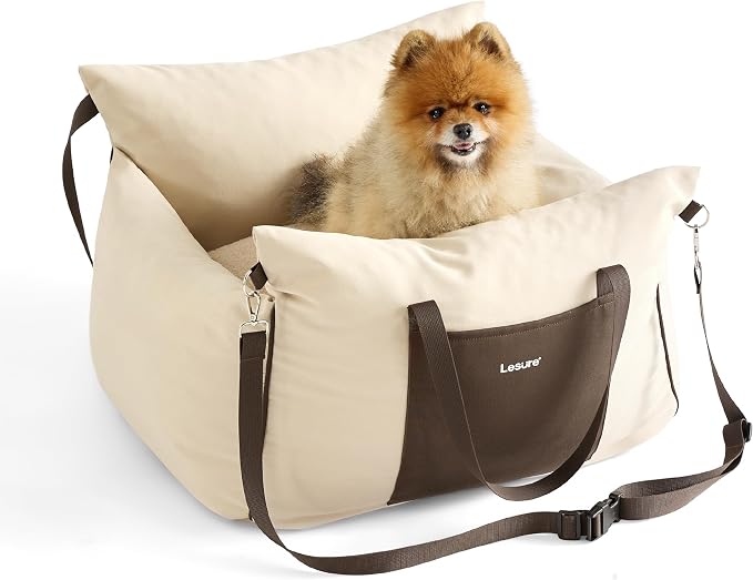 Lesure Dog Car Seat for Small Dogs,Booster Car Bed for Puppy Under 25lbs | Soft Pet Carseat with Clip-On Safety Leash and Thickened Memory Foam Filling,Dog Travel Carrier Bed with Storage Pocket,Beige - Image 8