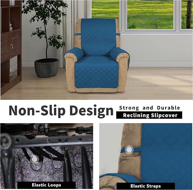 Easy-Going Recliner Chair Slipcover Reversible Sofa Cover Water Resistant Couch Cover Furniture Protector with Elastic Straps for Pets Dog (Recliner 22 inch, Peacock Blue/Beige) | Machine Washable Slipcover For Dogs, Water Resistant Furniture Mat For L... - Image 3