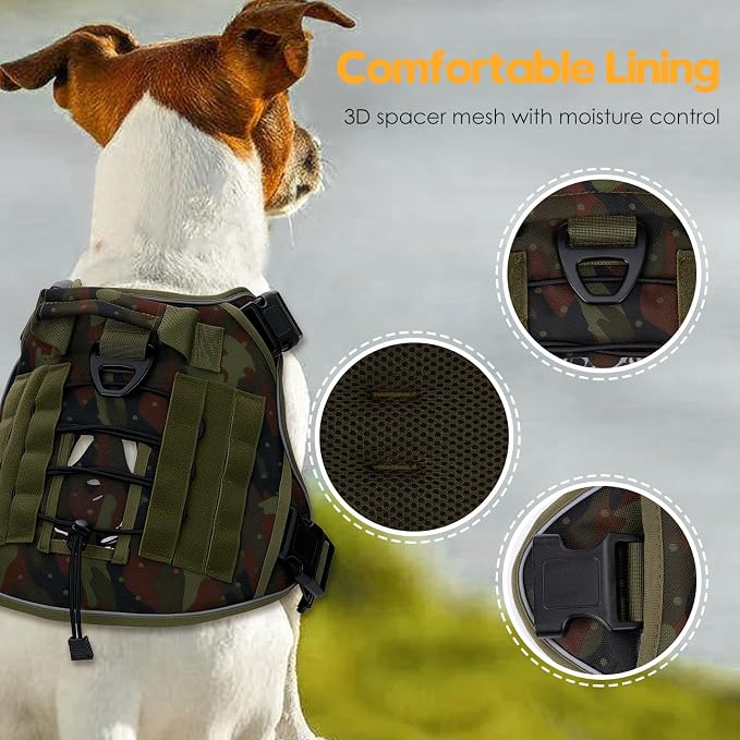 Heavy-Duty Tactical Dog Harness for Large Dogs, No Pull Adjustable Reflective Pet Vest with Molle System, K9 Military-Grade Control for Service Training, Outdoor & 10+ Breeds, Green Camo, Large - Image 2