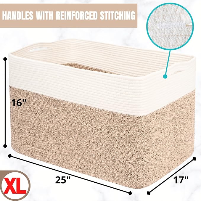 MINTWOOD Design 112L Extra Large Blanket Basket Holder Living Room, 25"x17"x16" Rectangle Rope Woven Storage Basket with Handles for Laundry, Pool Towels, Shoes, Dog Toy Organizer Bin Box, Light Brown - Image 7