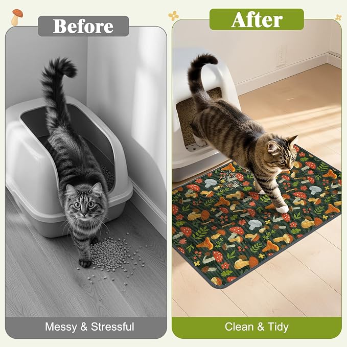 Unicorn Catcher 33X22in 2packCat Litter Mat Machine Washable Soft 3D Air Mesh Litter Box Rug Non-Slip Backing Quick Dry Scatter Control for Paws,Green Mushrooms - Image 5