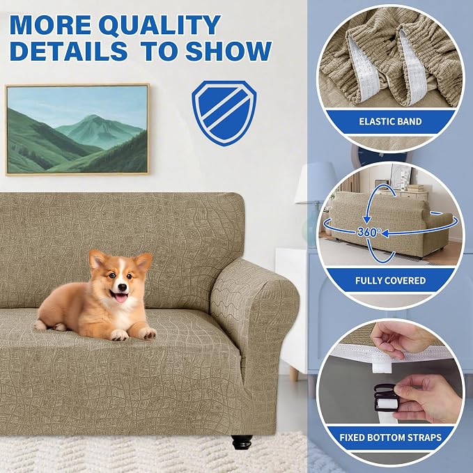 MAXIJIN Waterproof Couch Cover for 3 Cushion Couch, 1 Piece Stretch Sofa Covers Slipcovers with Non-Slip Elastic Bottom, Washable Furniture Protector for Dogs Pets (Large, Khaki) - Image 4