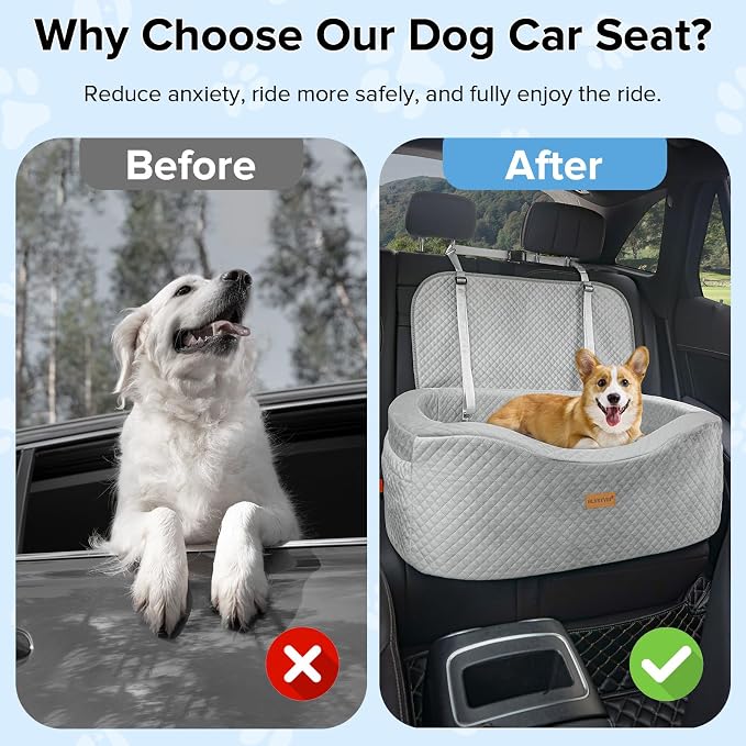 BLVRYVIO Large Dog Car Seat for Medium Sized Dogs Under 55lbs or 2 Smalls | Double Pet Booster Dog Seat for Car with 4" Memory Foam for Back Seat, Triple Safety Belts, Storage Pockets, Washable, Gray - Image 3