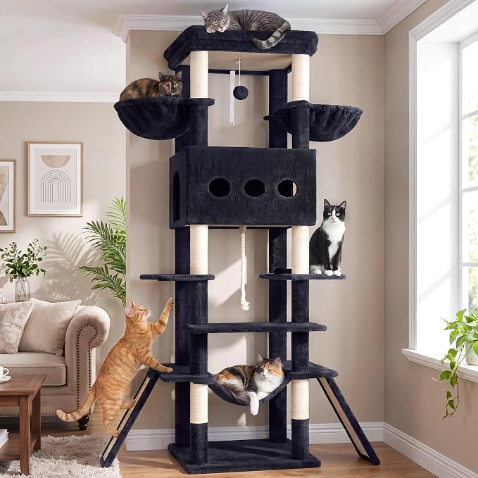 Cat Tree, 78.7'' Tall Tower with Extra Wide Top Platform GCT804G | Multi-level Cat Furniture for Indoor Cats, Cat House with Dual Scratching Boards, Big Condo, 2 Baskets & Hammock, Light Gray - Image 8