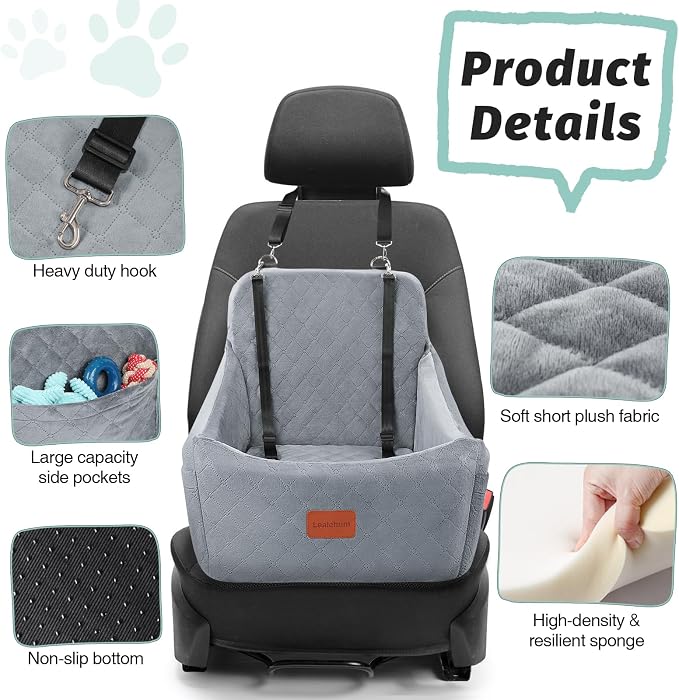 Lealchum Dog Car Seat for Medium Dogs Up to 40lbs,Fully Detachable and Washable,Easy to Install with Adjustable Straps,Anti-Slip Base Travel Car Bed for Pets,2 Side Pockets(Grey,Medium) - Image 4