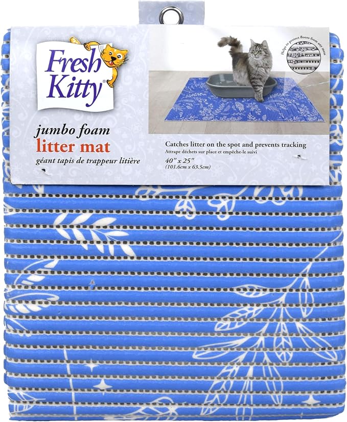 Fresh Kitty Durable XL Jumbo Foam Litter Mat – Phthalate and BPA Free, Water Resistant, Traps Litter from Box, Scatter Control, Easy Clean Mats – Blue Floral 40" x 25" by RoyalPetIncorporated