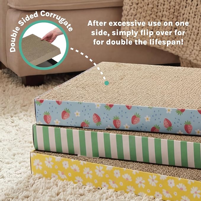Kitty City 3-Pack XL Double Sided Corrugate Cat Scratcher Pads with Catnip - X-Large Horizontal Cat Scratcher Mats, Reversible Corrugate Nail File Scratchers - Spring Design, 18” x 10” Each - Image 6