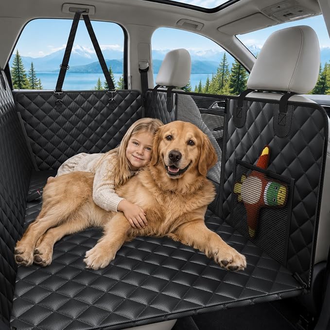 Hard Bottom Dog Car Seat Cover, Back Seat Extender for Dogs Holds 500lbs | Waterproof, Honeycomb Board, No-Sag Support, Non-slip Dog Hammock for Car SUV, Dog Seat Belt Included, Mesh Window by Unknown