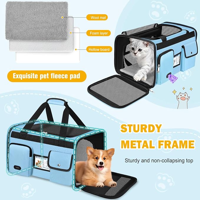 HUANLANG Large Cat Carrier Travel Soft Sided Pet Carrier Airline Approved | Dog Carriers for Small Dogs Medium Cats,Collapsible,3 Storage,zipper lock,Reflective strips,Luggage Strap, Up to 15 Lbs - Image 8