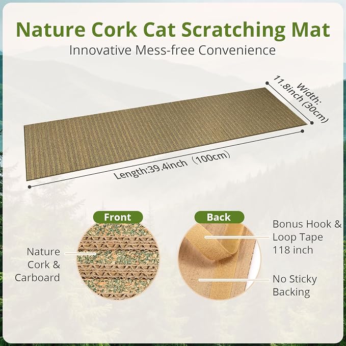 Natural Cork Cat Scratcher Mat with No Pre-Applied Adhesive, Bonus Hook-Loop Tape Included. Replacement for Cat Post, Scratcher, Ramp, Cat Whell and Pet Supplies. (Catnip Green, 39.4 x 11.8 Inch) - Image 3