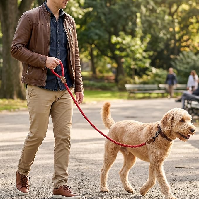 Mile High Life Dog Leash Braided Cotton Rope with Leather-Reinforced Ends | Rust-proof 360° swivel clasp, Heavy-duty for medium/large breeds. Great for weddings, daily walks (4 FT, 1/2", Red) - Image 6