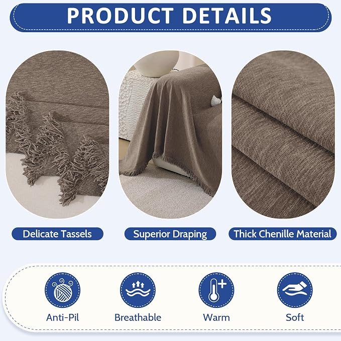 Chenille Couch Cover for Dogs Washable Boho Throw Blanket Washable | 71"×102",Coffee, Soft Chenille, Tassel Design, Pet Friendly, Furniture Protector, for Couch, Sofa, Bed, Living Room - Image 5
