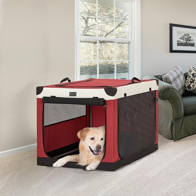 PETSFIT 36" Soft Portable Dog Crate – Patented Spiral Sturdy Frame, Collapsible Travel Kennel for Medium & Large Dogs, 3 Mesh Door, Lockable Zippers, Indoor & Car Use Red - Image 9