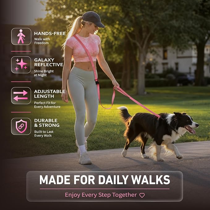 Hands Free Dog Leash,Galaxy Reflective, Crossbody Dog Leash,Pink | Galaxy Reflective • Crossbody Carry • Soft Velvet Handles • Stylish Design - Image 7