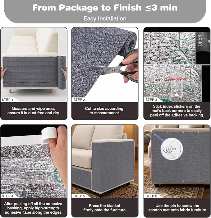 Cat Scratch Furniture Protector: 78.7"x15.8" High Self-Adhesive | Cat Scratch Carpet Trimmable for Couch Scratcher Protector from Claws Scratching Mat Lasts 3-6M 3min Install, Khaki - Image 5
