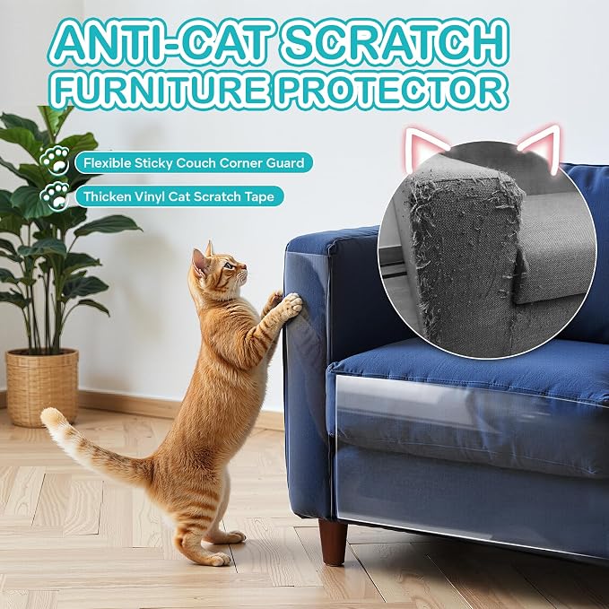 Anti-Cat Scratch Furniture Protector - Clear Vinyl Couch Protector from Cat Claws, Scratch Deterrent Tape for Sofa Corners, Single-Sided Sticky Couch Protector for Cats (200"x 8.3") - Image 2