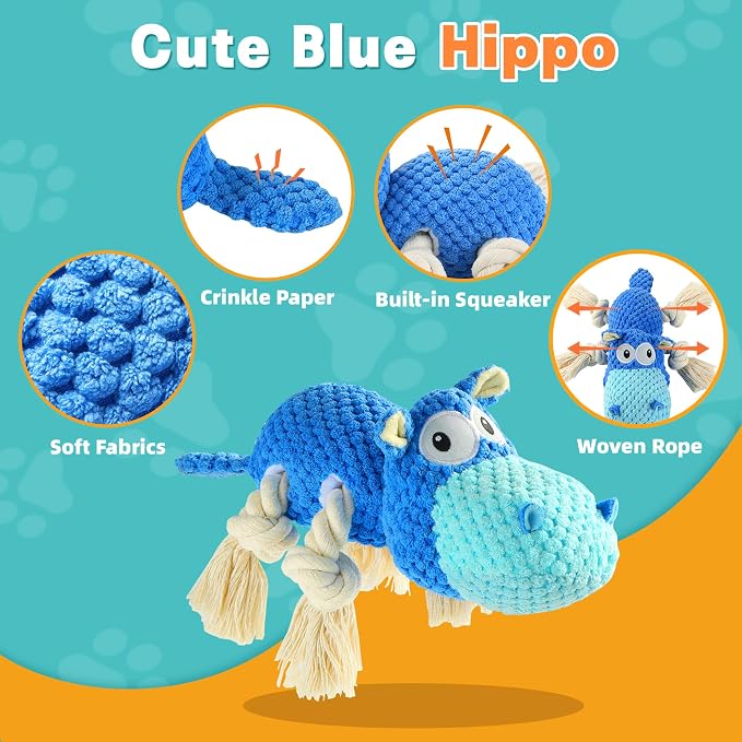 TOOPTATE Hippo Squeaky Dog Toy, Blue, Large | Cute Plush Design, Rope Legs for Tugging, Helps Keep Dogs Busy, Suitable for Small, Medium, and Large Dogs - Image 2