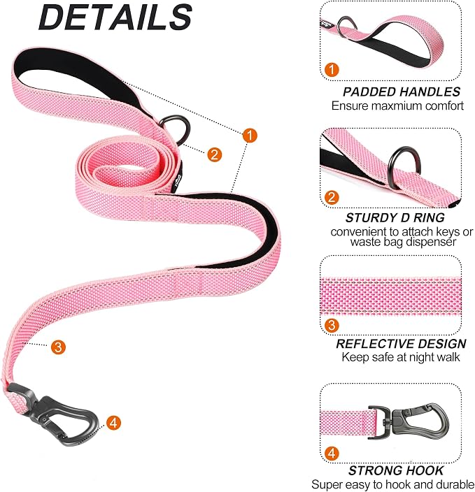 Twoear 5FT 1IN Heavy Duty Dog Leash for Large Dogs with 2 Padded Handles | Traffic Handle Extra Control, Auto Lock Hook, Strong Reflective Walking Leash for Night Safety, Medium and Large Breeds,Pink - Image 2