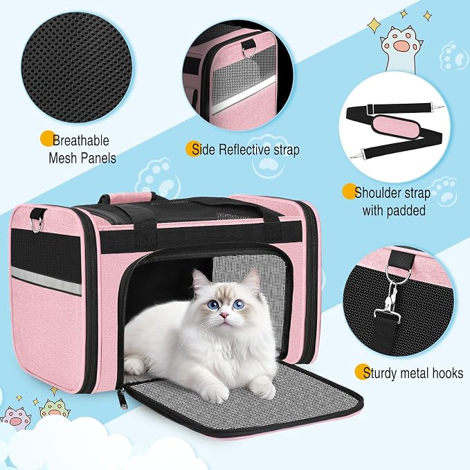 HUANLANG Large Cat Carrier Soft Sided Travel Pet Carrier Airline Approved | Dog Carriers for Small Dogs Medium Cats,Collapsible,3 Storage,zipper lock,Reflective strips,Luggage Strap, Up to 15 L,Pinkbs - Image 3