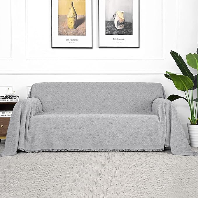 MYSKY HOME Light Grey Geometrical Sofa Covers, Sectional Couch Covers for 2 Cushion Couch Couch Cover Living Room Sofa Throws Sofa Slipcovers for Pets, Kids (Large, 71" x 102", Light Grey) by MYSKYHOME