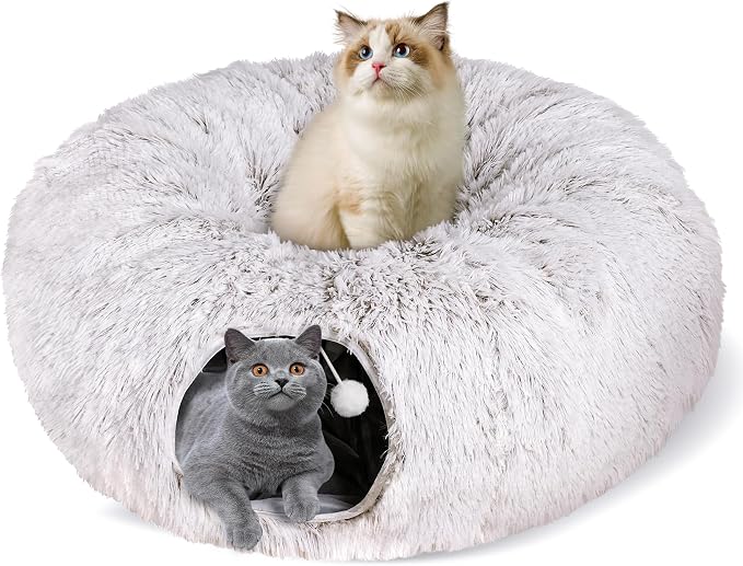 Peekaboo Cat Cave with Washable Mat, Collapsible Cat Play Tunnel for Kittens & Small Pets, Plush Cat Donut Bed Tunnel, Brown by Baseola