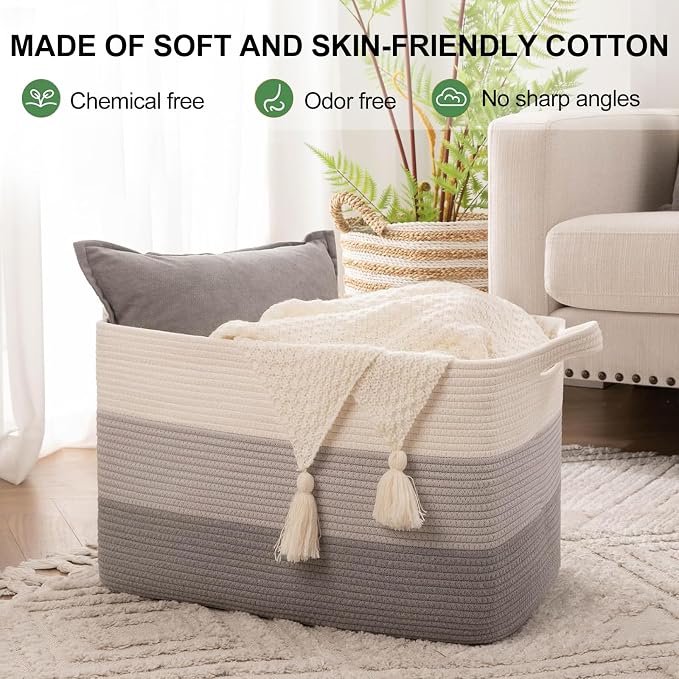 OIAHOMY Rectangle Woven Storage Basket - Nursery Cotton Rope Baskets for Storage, Toy Basket Organizing for Living Room, 17.7"x13.8"x11"- Pack of 3 - Gradient Gray - Image 2