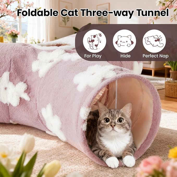 Tempcore Flannel Cat Tunnel for Indoor Cats, 3 Way Collapsible Pet Play Tunnel with Teaser Wand, Peek Holes & Hanging Ball, Interactive Tube for Kittens & Rabbits, Daisy Burlwood - Image 6