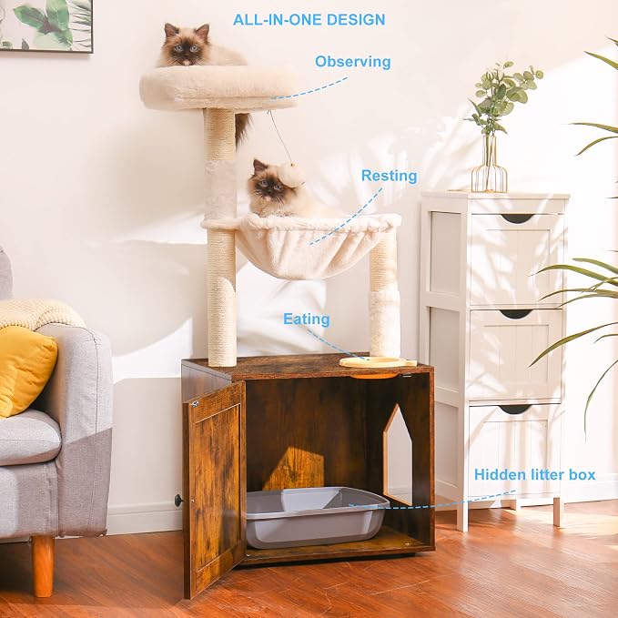 Hey-brother Cat Tree Tower, Litter Box Enclosure, Food Station, MPJ100SR | 47.24 Inches Wooden All-in-one Cat House, Large Hammock, Bed, Scratching Posts, Modern Style for Indoor Cats, Rustic Brown - Image 2