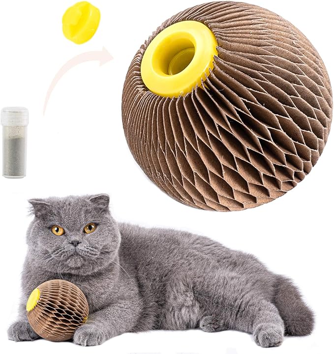 Cat Toys for Indoor Cats, Catnip Toys with Refillable Catnip, 3 Inch Scratcher Ball, Interactive Rolling Scratch Toy for Bored Indoor Adult Felines, Small Corrugated Paper Ball by Unknown