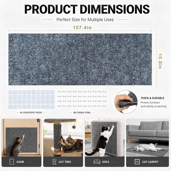 157.4"X15.8" Cat Scratch Furniture Protector, Anti Scratch Couch Protector from Cat Claws, Self-Adhesive Cat Scratching Pads, DIY Couch Cat Scratcher for Corner Sofa Wall & Door (Gray) - Image 2