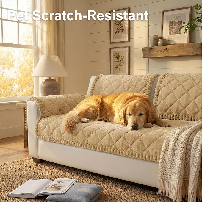 Smiry Non Slip Couch Cover for Dogs, Fuzzy Plush Pet Sofa Protector | Washable Furniture Cover for Large Dogs & Cats, Scratch & Dirt Resistant, For 3 Cushion Couch, Camel, 27.6"x82.7" - Image 2