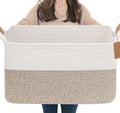 Goodpick 75L Extra Large Woven Rope Blanket Basket, Rectangle, Light Brown | 22" × 17" × 12" Decorative Storage Basket for Blankets, Toys & Clothes, Fits Living Room, Bedroom & Nursery Organization by Goodpick