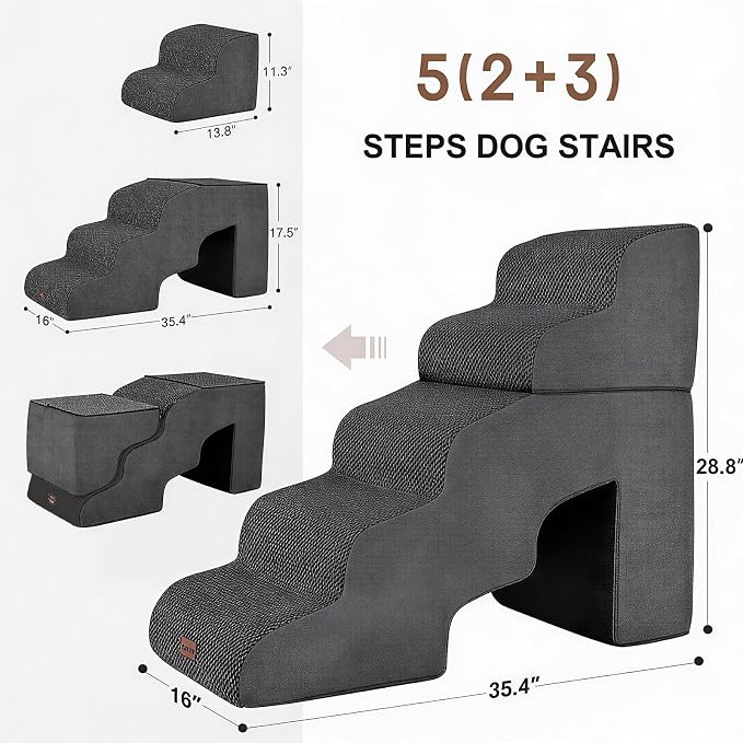 Garnpet Dog Stairs for Bed with Tunnel, 5-Step Dog Steps for Small Dogs and Cats, Non-Slip Indoor Pet Stair for Couch and Sofa, Dark Grey - Image 2