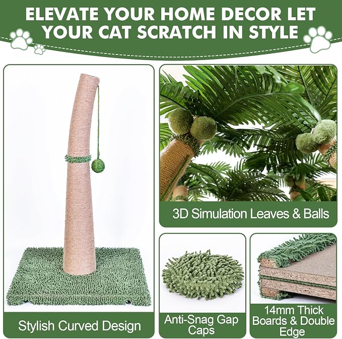 Palm Tree Cat Scratching Post, 36'' Cat Scratcher Post with Natural Sisal Rope, 3 Interactive Balls and Curved Design Scratching Posts for Indoor Cats Adults and Kittens, Multi-Combinable (Style B) - Image 4