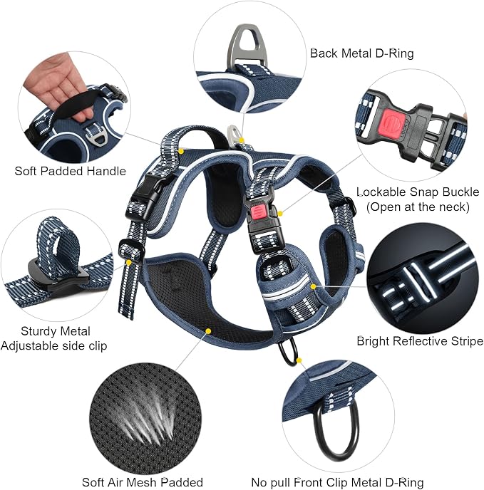 Timos Dog Harness, No Pull Large Sized with 3 Buckles, Royal Blue, XL | Reflective, No Choke, Easy On & Off, Adjustable Soft Padded, Front & Back 2 Clips and Control Handle for Walking Training - Image 4